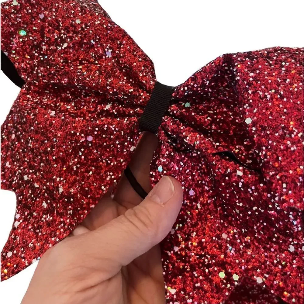 🌴 Red Glitter Cheer Bow Hair Tie | 8” Oversized | Dance, Spirit Wear, Holidays